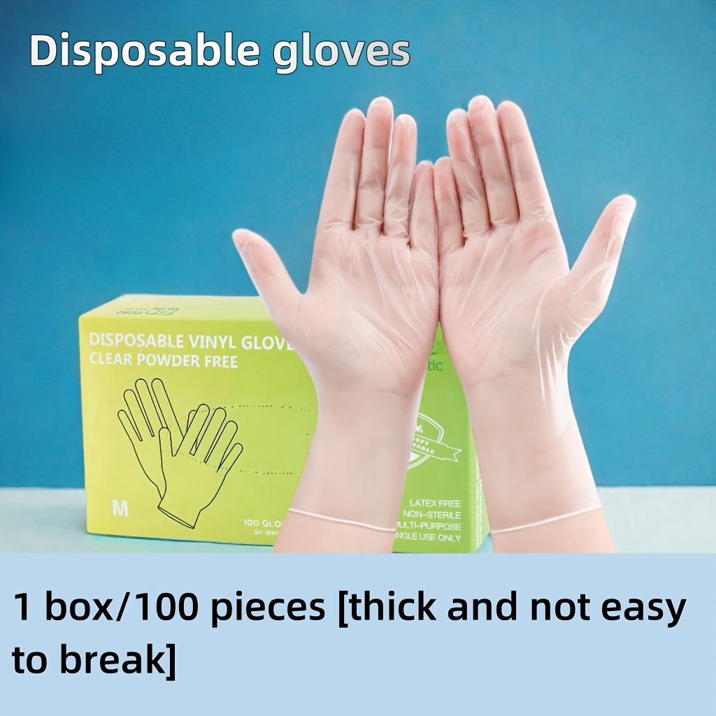 Pack of 100 PVC disposable gloves, can be used on either hand, free of lead and BPA, waterproof and resistant to water with great flexibility. Perfect for handling food, cleaning, beauty salons, and home use.