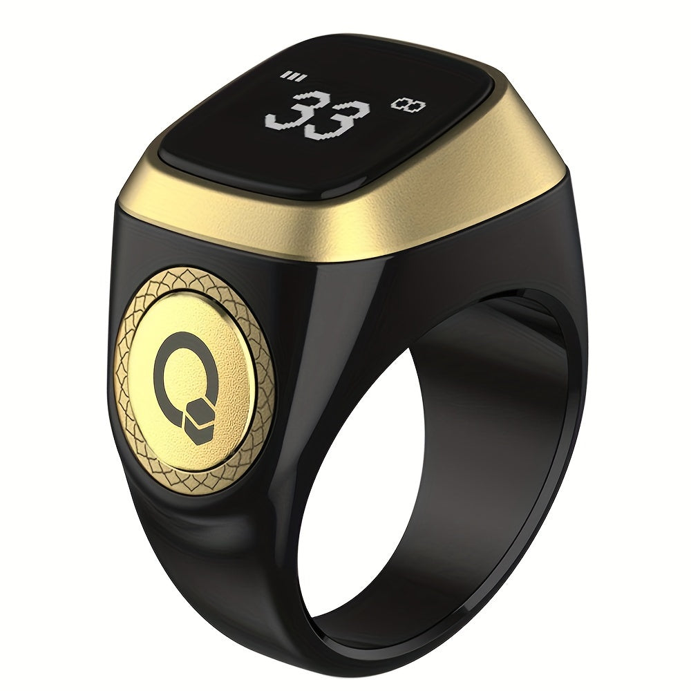 Prayer Smart Ring with counters, reminders, direction indicator, and OLED display; features Azan alarm, long battery life, and stylish design.