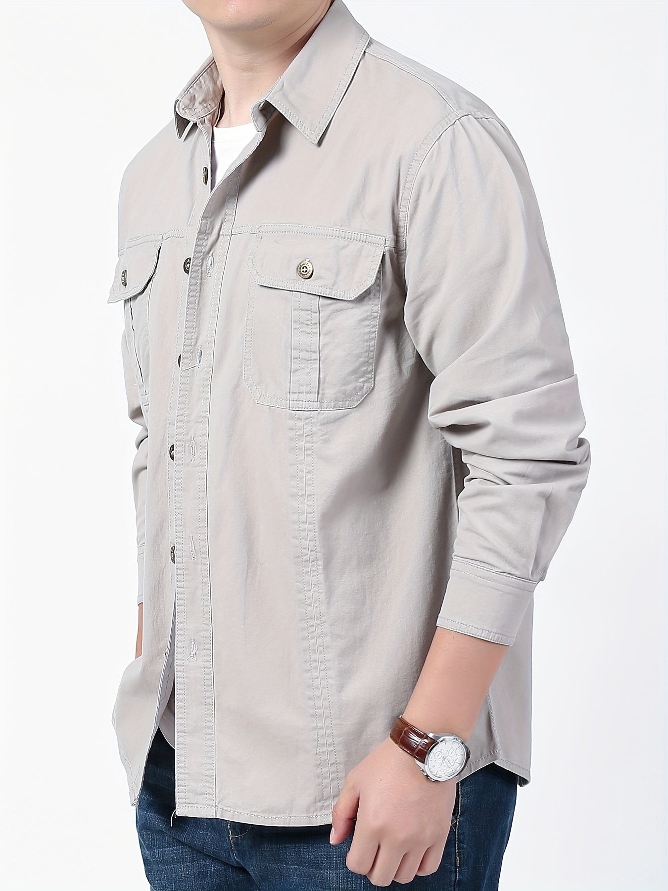 Men's Long Sleeve Cargo Shirt for Outdoor Activities in Spring and Fall