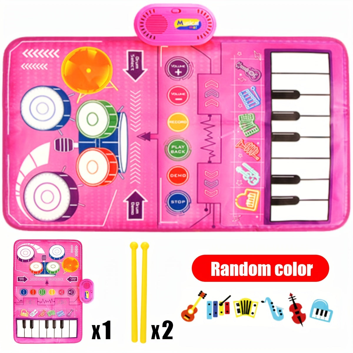 Interactive 2-in-1 Musical Play Mat & Drum Set for Youngsters - Educational Piano Keyboard Toy with Colorful Sound, Dual Instruments, Durable Polyester, Battery Operated, Random Colors