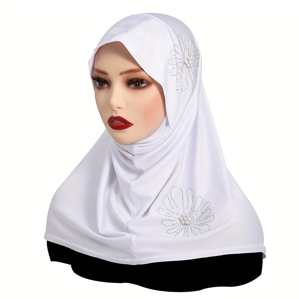 Women's Solid Color Elastic Polyester Hijab with Rhinestone and Pearl accents, full coverage chin cap, easy wear instant scarf for casual use, 100% polyester woven fabric with decorative