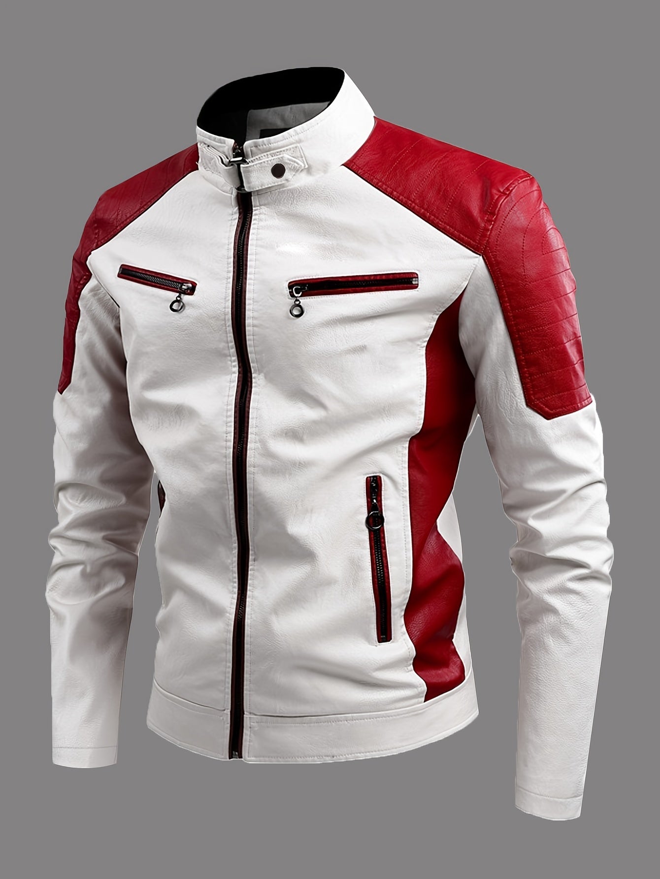 Men's Slim-Fit Color Block Jacket with Stand Collar, Zipper, Multiple Pockets, White & Red Design for Fall/Winter/Autumn.