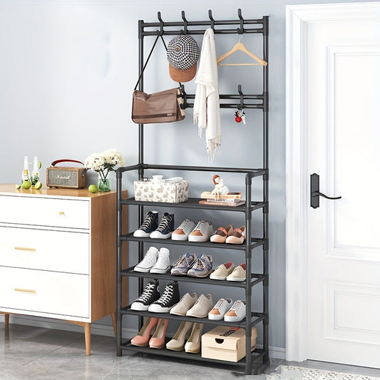 Entryway hall tree with coat rack and shoe rack, featuring hooks for bedroom organization. This versatile piece also includes a shelf for storage of shoes, clothes, hats, bags, umbrellas, and other home accessories.