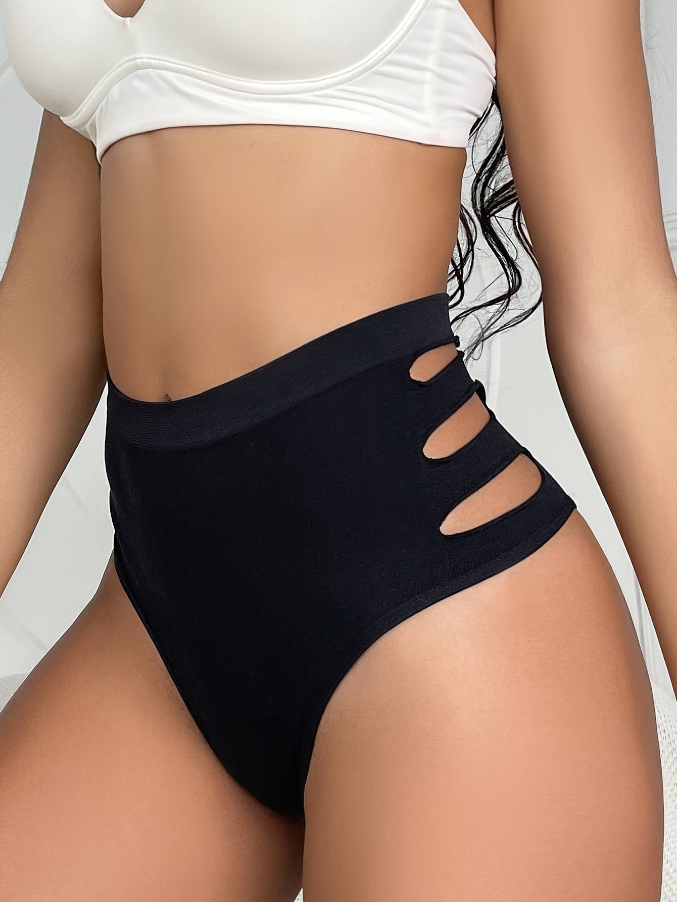 Breathable high-waist briefs with cut out design, comfortable and stretchy for women's lingerie.