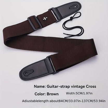 Embroidered Cross Guitar Strap - Adjustable shoulder strap for electric, bass, & ukulele - Available in black, coffee, khaki.