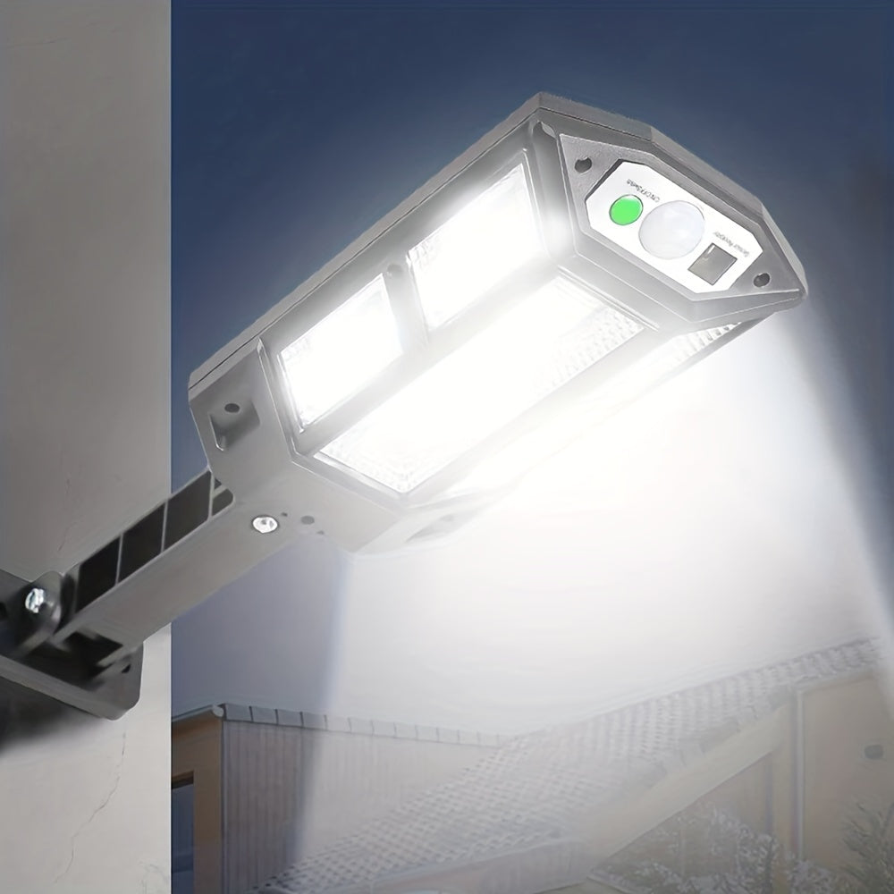 Super bright LED solar wall light with motion sensor, 3 lighting modes, and battery for outdoor security.