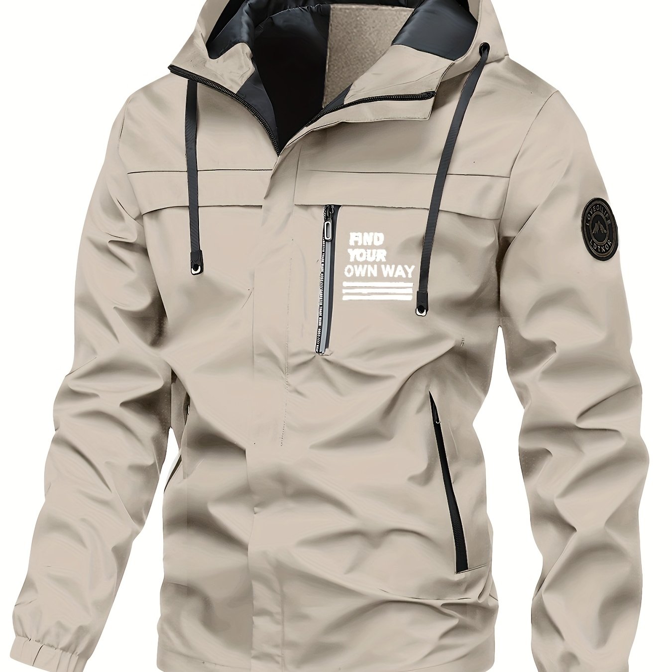 Men's casual sporty hooded jacket with lightweight polyester material, zipper pockets, adjustable drawstring hood, and "FOUND MOST WANTED" embroidery, perfect for spring/fall.