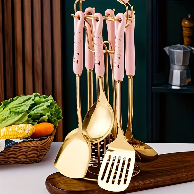 Set of 7 stainless steel utensils with ceramic handles, including a cooking turner, spatula, soup spoon, colander spoon, and pasta spoon. This kitchen utensil set is designed for safety and non-stick cooking, making it a must-have for your kitchen.