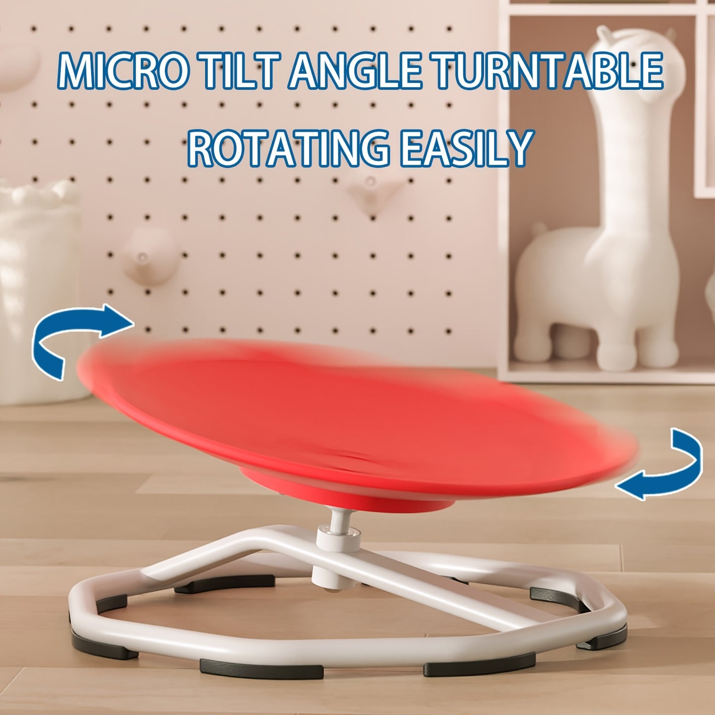 Children's red spinning chair made of durable plastic and metal, enhances coordination and focus, promotes body movement.