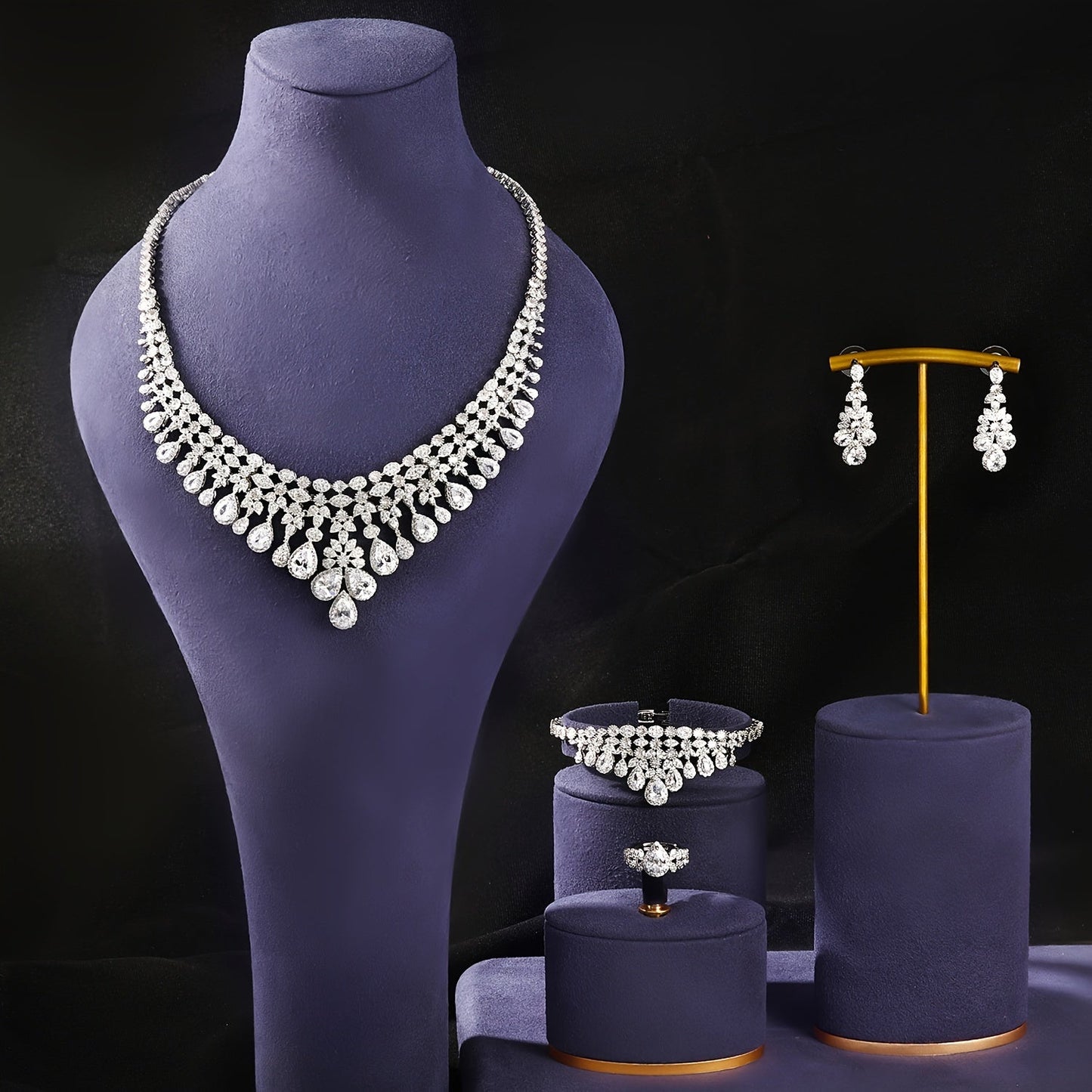 Exquisite Middle Eastern-Inspired Jewelry Collection - Platinum-Plated Copper adorned with Zirconia Details - Perfect for Weddings, Parties, and Ramadan - Includes Necklace, Earrings, Bracelet, and Ring - Timeless Beauty for Every Occasion