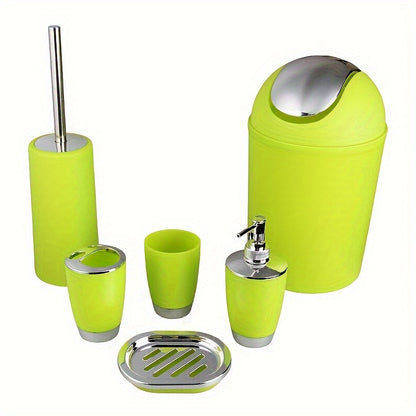 6-piece bathroom accessory set includes trash can, toilet brush, lotion dispenser, soap dish, mouthwash cup, and toothbrush holder; perfect for bathroom decor or housewarming gift.