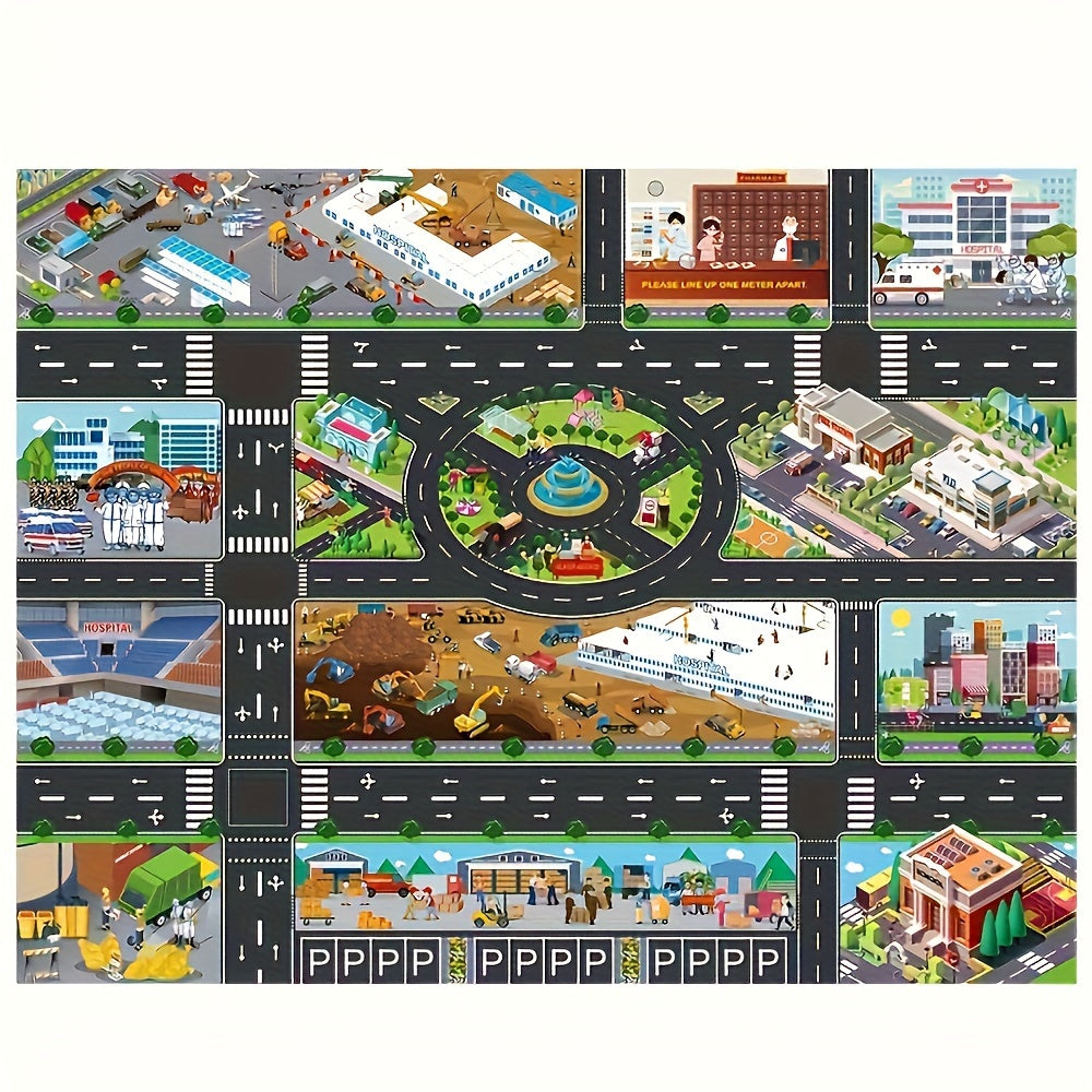 City-themed game mat with waterproof coating for traffic and epidemic prevention engineering.