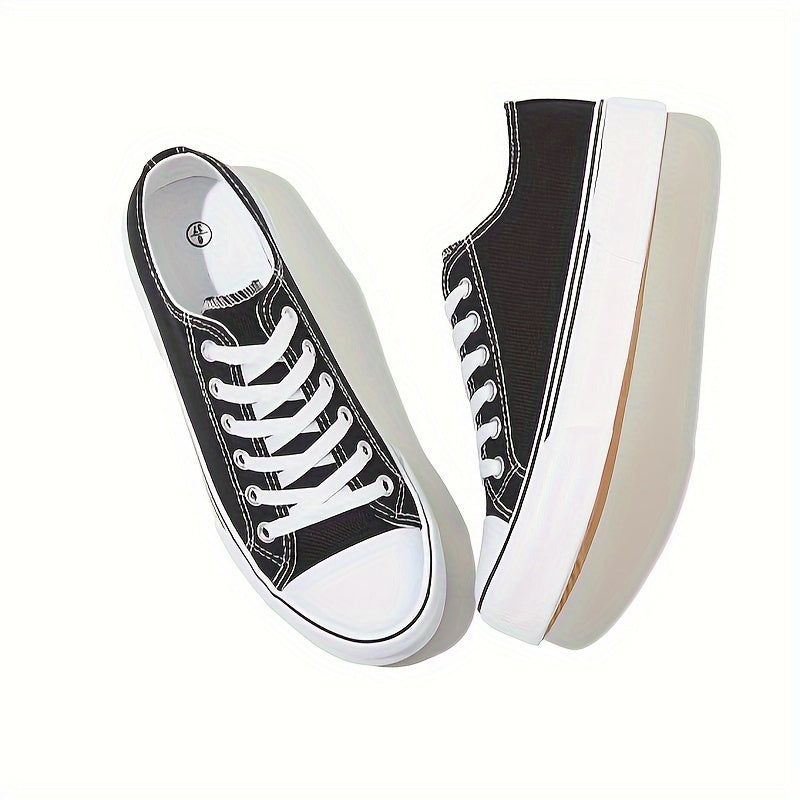 Women's casual canvas sneakers in solid color with plain toe, rubber lace-up design, machine washable fabric, and lightweight rubber sole. Suitable for all seasons.