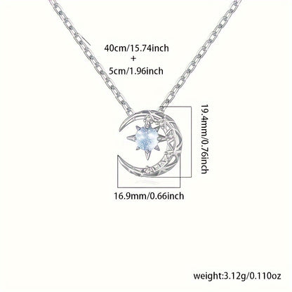 Luxurious 925 Sterling Silver Moon Pendant Necklace with Synthetic Blue Zirconia, June Birthstone - Perfect Gift for Women for Daily & Special Occasions.