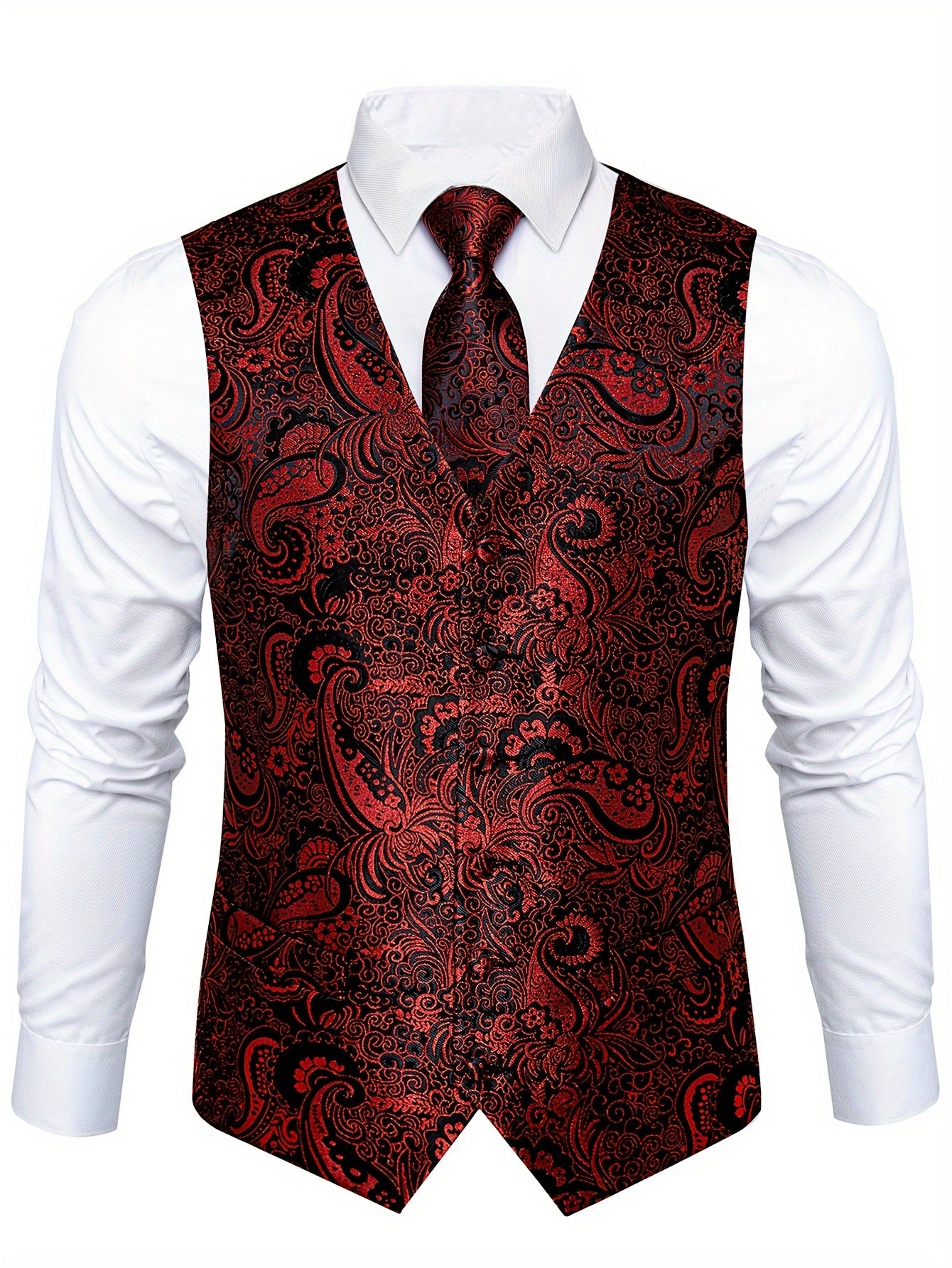 Men's plus size blue waistcoat set includes paisley necktie, cufflinks, and handkerchief. Perfect for formal occasions like weddings.