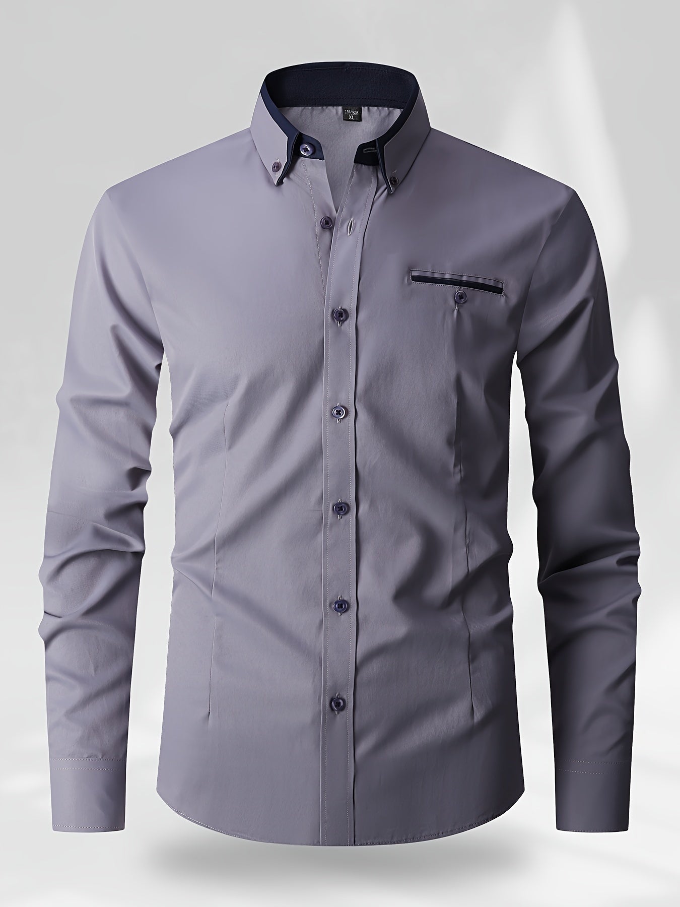 Men's color block shirt, made of 60% polyester and 40% cotton, with long sleeves, regular fit, lapel collar, and button details. Made of woven fabric, non-stretch, and suitable for work