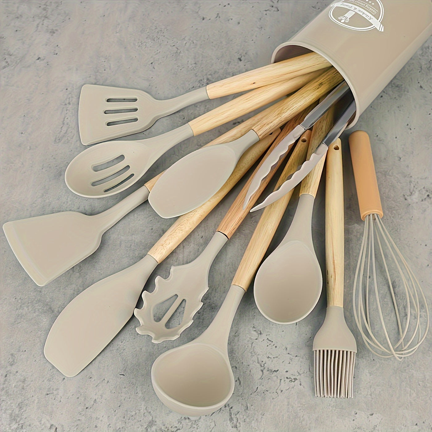 Silicone Kitchen Utensil Set with Wooden Handles - 12 Pieces, Non-Stick, Safe, and Hygienic for Home, Dorm, and Restaurant Use - Complete with Stand and Silicone Cooking Tools