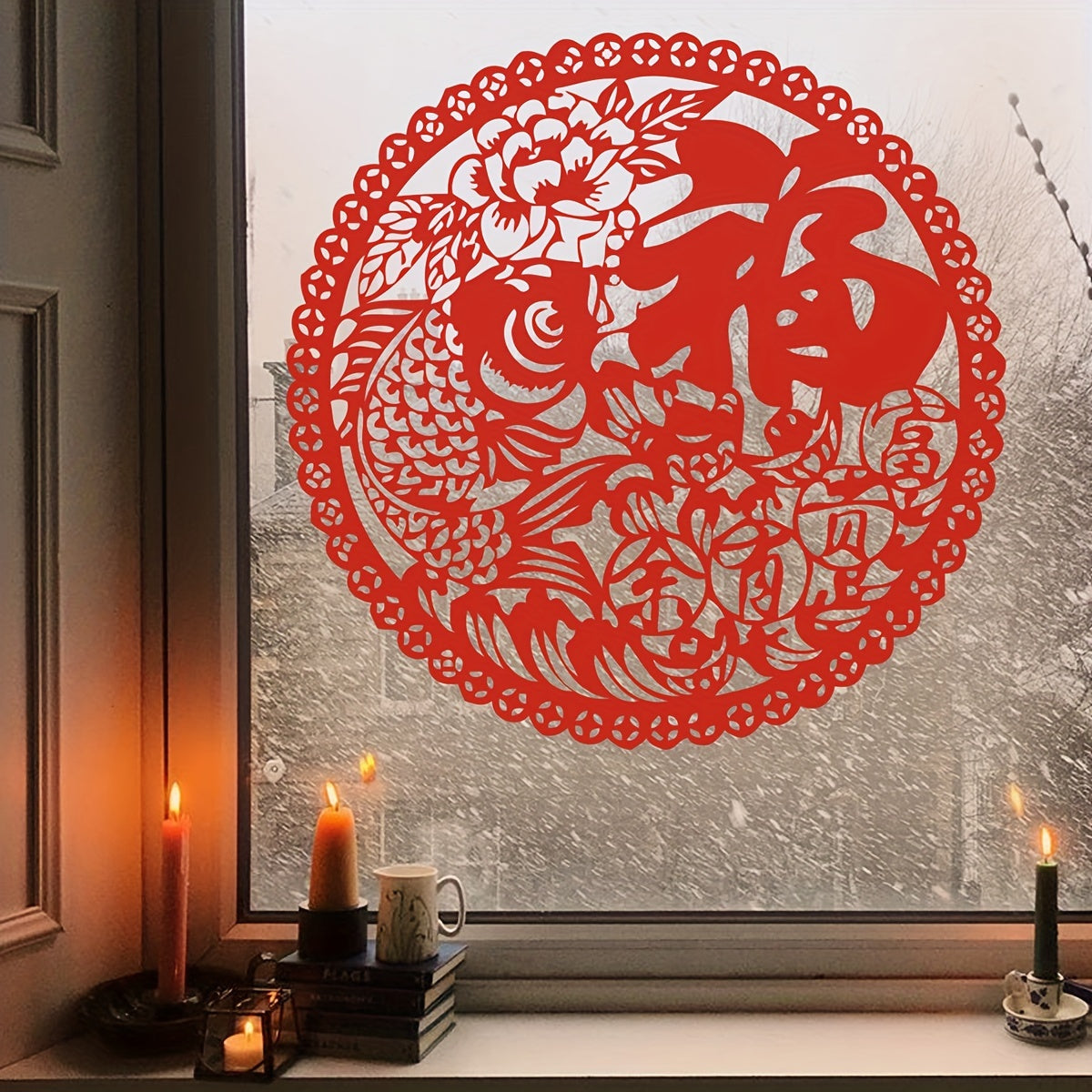 Celebrate the Spring Festival with this set of two red 'Fu' character, fish, and plum blossom window stickers. These waterproof and self-adhesive stickers feature double-sided designs and are suitable for various scenes such as kitchen, bedroom, and