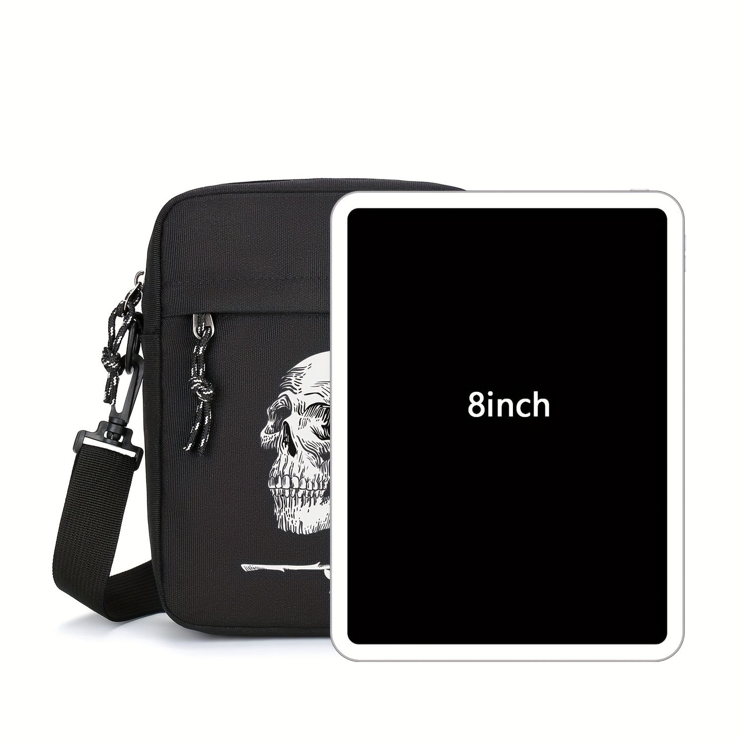 Stylish black Oxford cloth shoulder bag for men and women, featuring a skull and rose print. Large capacity with adjustable strap for daily use, not suitable for washing.