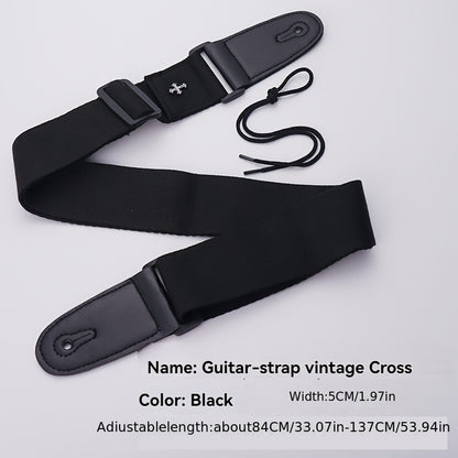 Embroidered Cross Guitar Strap - Adjustable shoulder strap for electric, bass, & ukulele - Available in black, coffee, khaki.