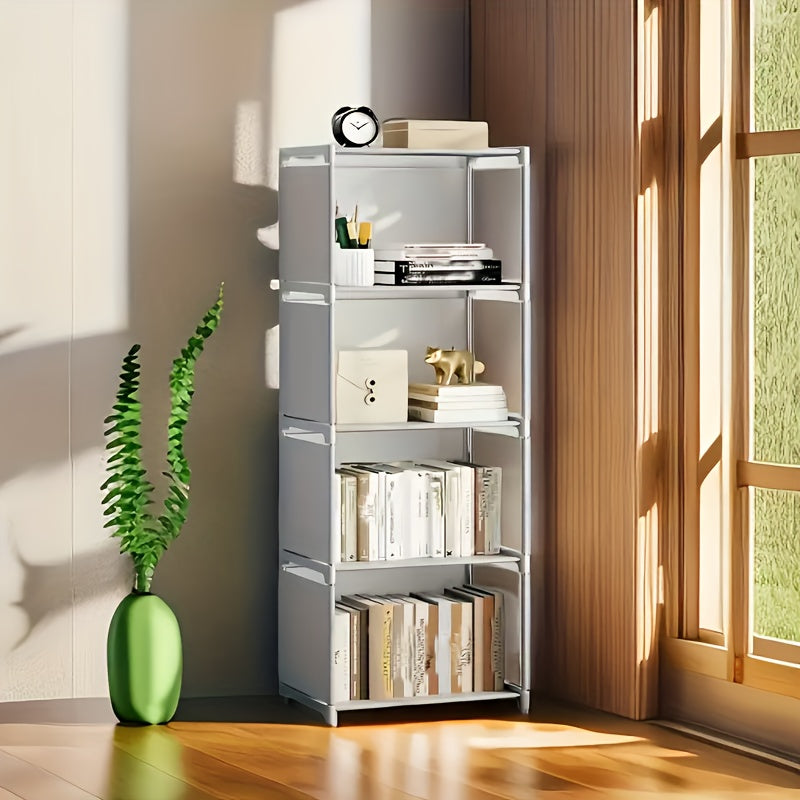 Compact metal bookshelf for home and office, easy assembly, vertical design with back panel, perfect for dorms and rental housing.