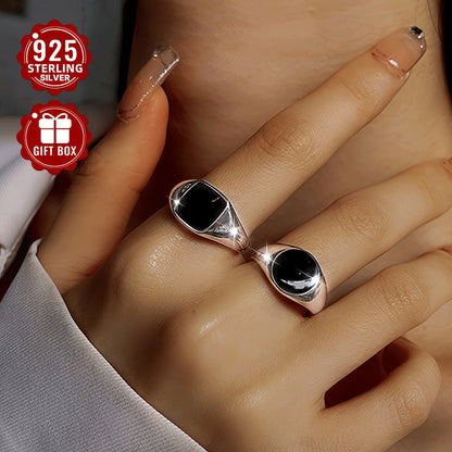 [Top Pick] Stylish S925 Sterling Silver Couple's Rings - Classic Black Enamel Band & Sleek Square Beveled Edge Ring, Perfect for Everyday Wear & Special Occasions, Comes with Gift Box, Timeless Design, Round Shape, Lightweight at 4.4g