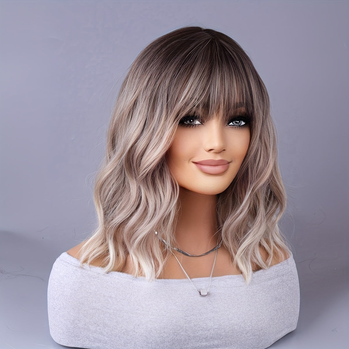 European style, long curly ombre wig with center part and rose net cap. Heat resistant for all ethnicities, full headpiece without lace. Includes hair extensions and accessories.