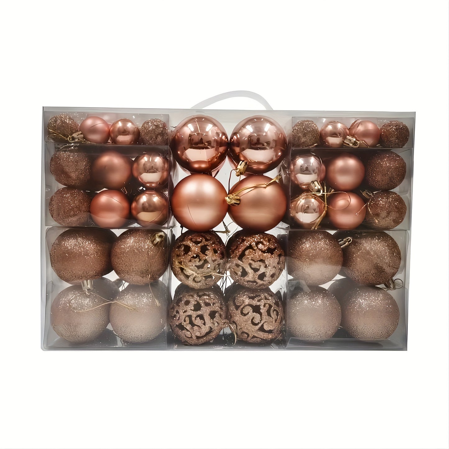 100-piece set of shatterproof plastic Christmas ball ornaments in a hand-held gift box, suitable for holiday decoration. No feathers included.