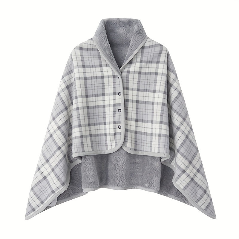 One piece versatile shawl blanket featuring a double layer of thick, plaid patterned polar fleece ideal for autumn and winter. Perfect for office use, this wearable blanket with legs is great for lounging on the couch or sofa.