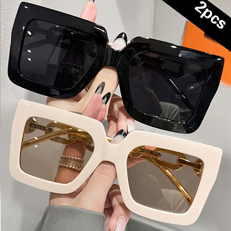 Two pairs of oversized fashionable glasses for women with large square frames, ideal for beach parties and travels.