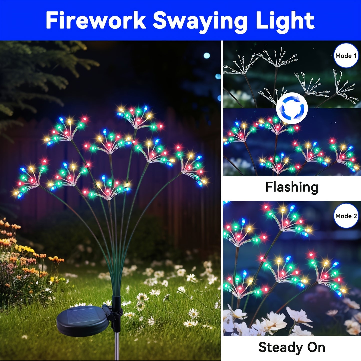 2-Pack YaaFen Solar Garden Lights with Starburst Fireworks Design, 160 LEDs, Energy-Efficient, Light Sensor Control, Polished Plastic Finish, Solar Powered with 600mAh Nickel Battery, for