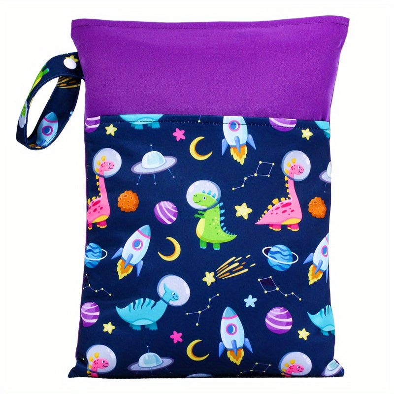 Waterproof multicolor reusable nappies bag with dimensions of 24.99*35.0cm. This wet dry mammy bag features a double pocket, cloth handle, and is a wetbag.