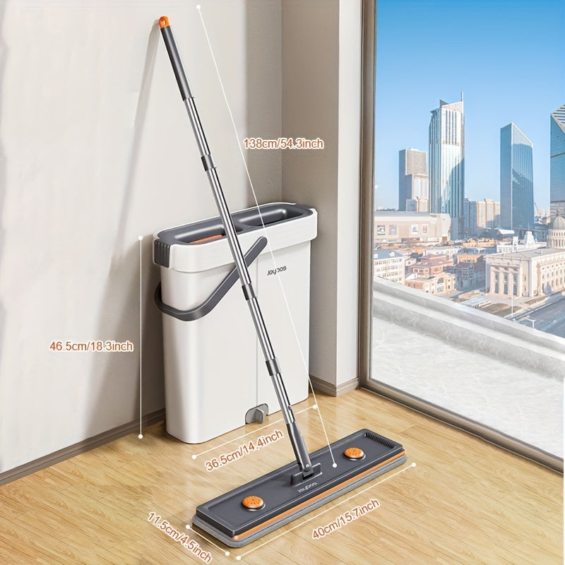 The Joybos Self-Wringing Flat Mop and Bucket System comes with 2 Microfiber Pads and a 360° Rotatable Mop Head for scratch-free dust removal. This hands-free system allows for washing of floors, walls, glass, furniture, and carpets without the need for