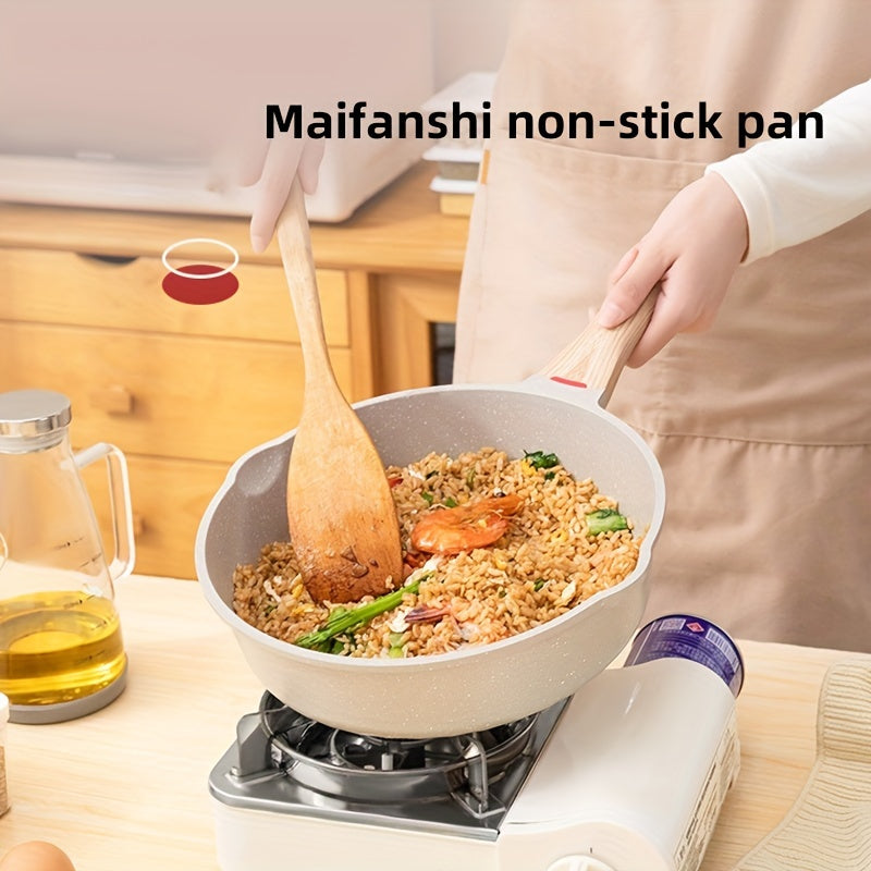 White Maifan Stone frying pan, suitable for both gas stoves and induction cookers. Versatile kitchen utensil ideal for cooking eggs, pancakes, and steaks. This flat, non-stick pan is a must-have for any kitchen.