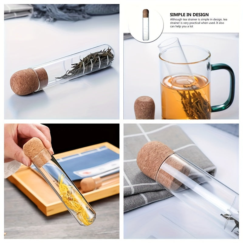 Glass tea infuser with cork lid that is easy to use and perfect for brewing loose leaf and herbal tea. Features a transparent test tube design, ideal for use in the office, camping, or home kitchen. A must-have tea accessory.