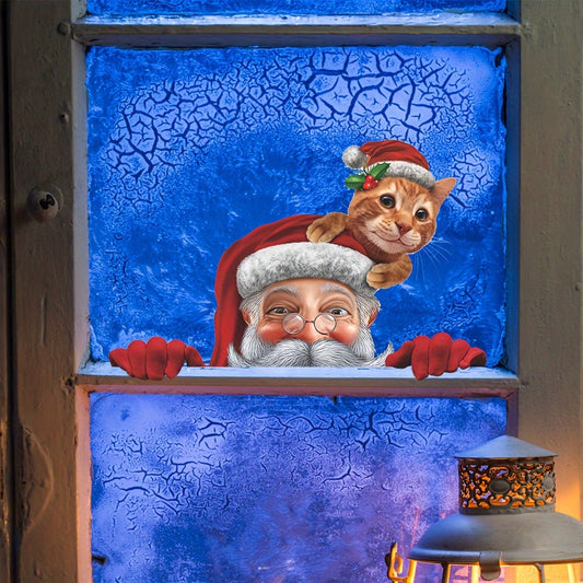 Contemporary Santa & Kitten Christmas Window Cling, Festive Holiday Decor for Living Room, Bedroom, Dining, Study, and Glass Windows. Removable, Double-Sided PVC Sticker perfect for Christmas and New Year's.