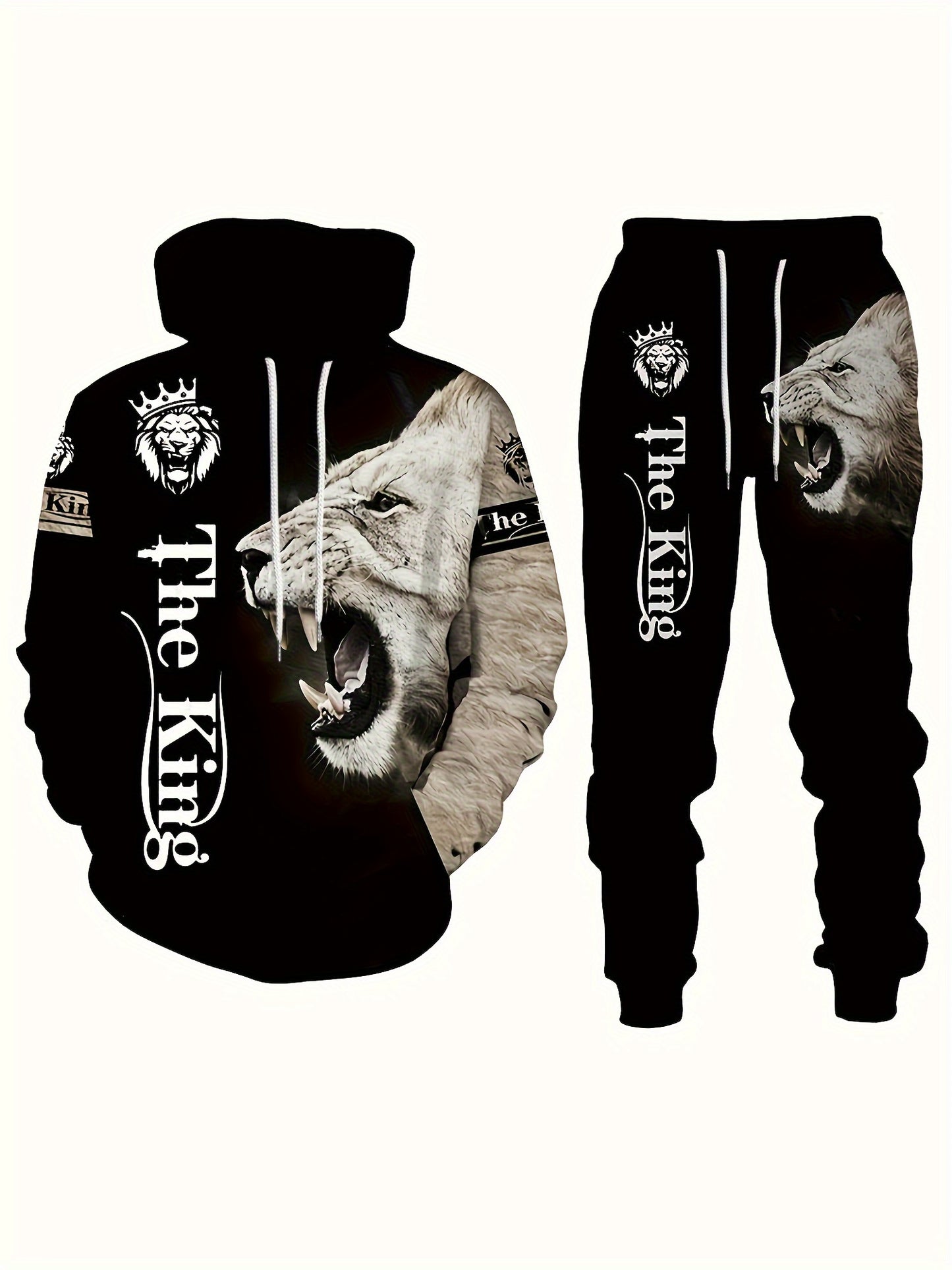 Men's plus size lion print 3D hooded sweatshirt and sweatpants set for autumn/winter.