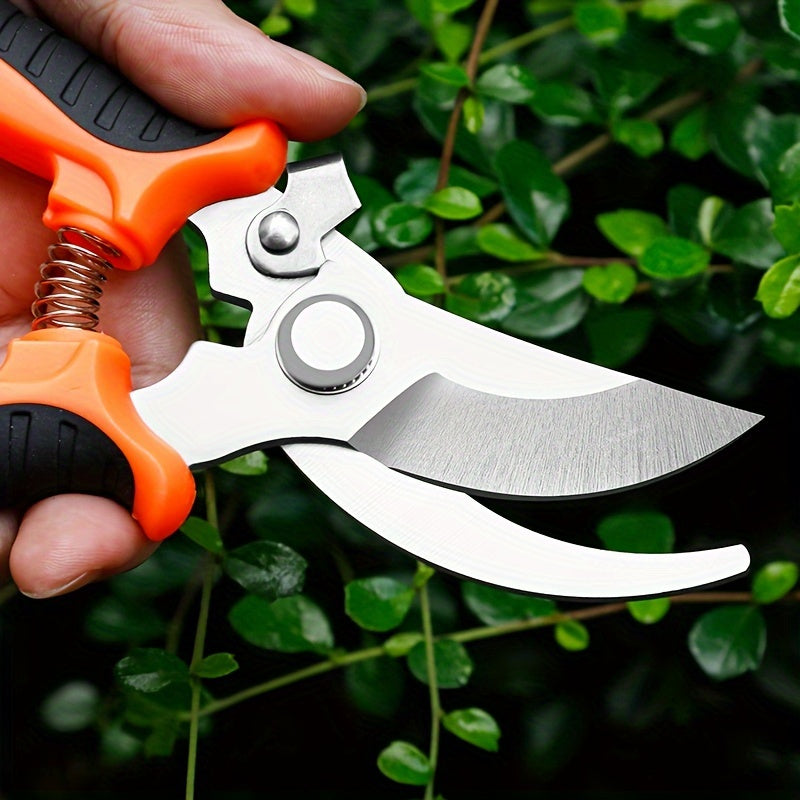 Stainless steel fruit and branch scissors with multi-functional, anti-slip design for labor-saving manual pruning.