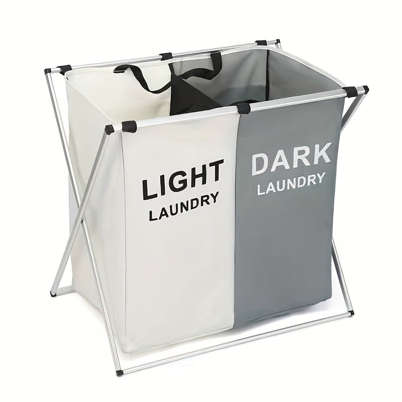 Durable foldable laundry hamper with large capacity and 2/3 compartments, made of aluminum & Oxford cloth. Easy to assemble with utility hooks.