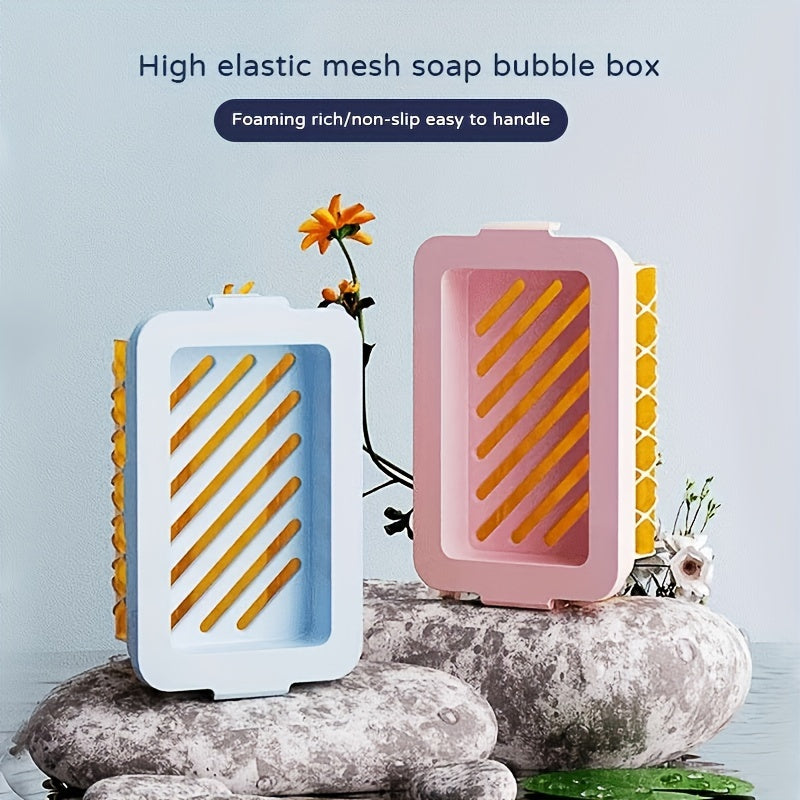 Multi-functional soap saver with foaming net for efficient cleaning and storage - high elasticity, non-slip design in blue/pink