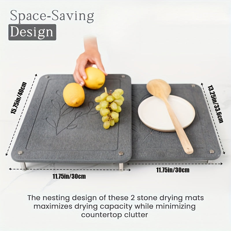 Set of 2 Quick-Dry Diatomaceous Earth Mats for Drying Dishes, Non-Slip and Heat Resistant, Absorbent Countertop Utensil Drainers, Odorless Stone Mats Ideal for Kitchen