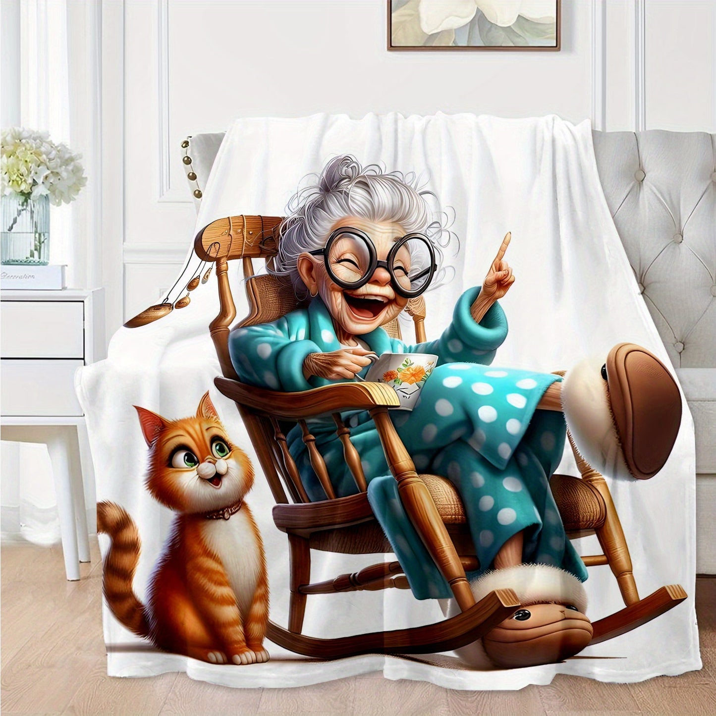 Stay warm and cozy with the 1pc Cozy Senior Life Flannel Throw Blanket featuring a charming Grandma in Rocking Chair with Cat print design. This contemporary style blanket offers all-season comfort with its knitted polyester material. It's the ideal gift