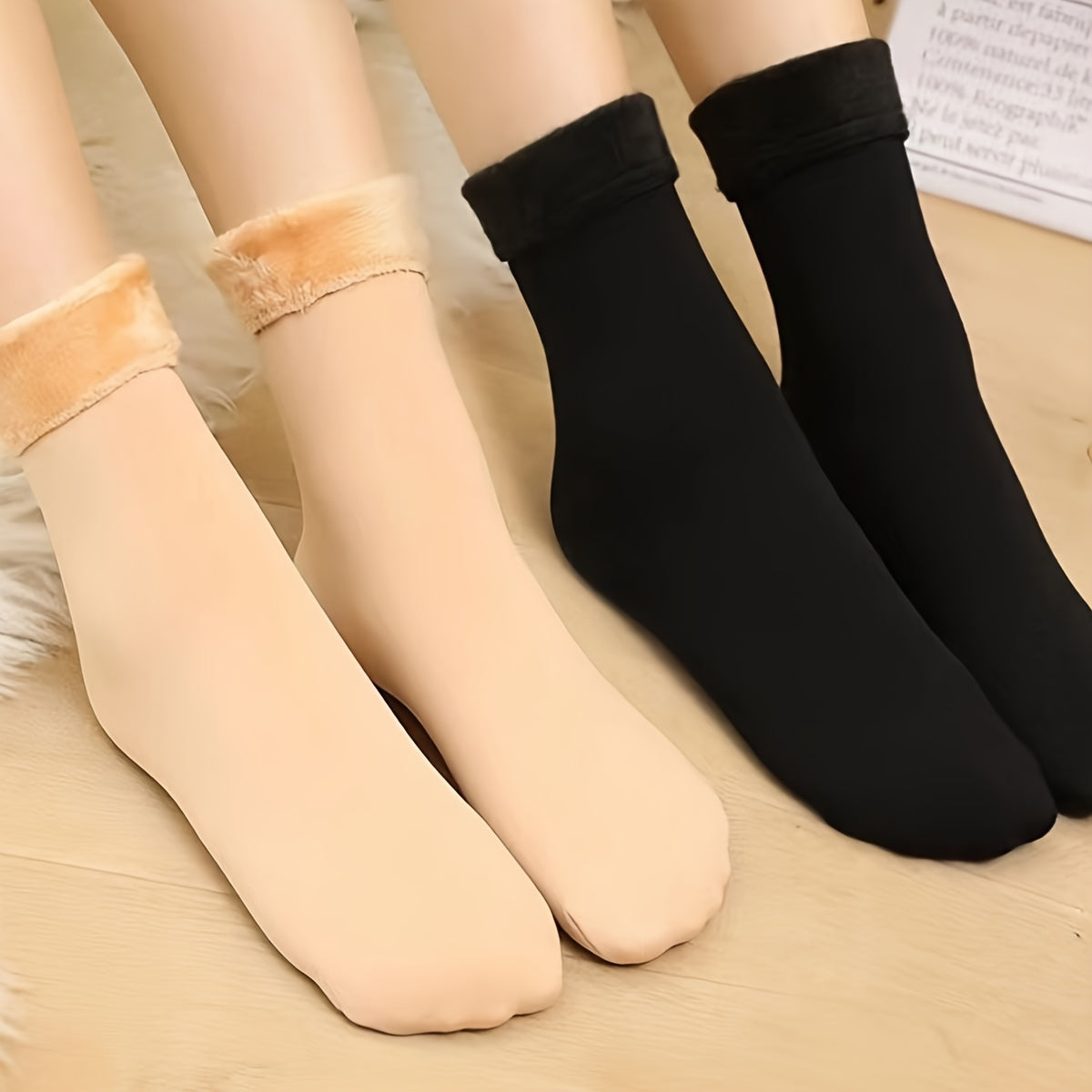 1 Pair Women's Mid-Calf Snow Socks with Slip-Resistant Grip and Extra Velvet Terry Cloth