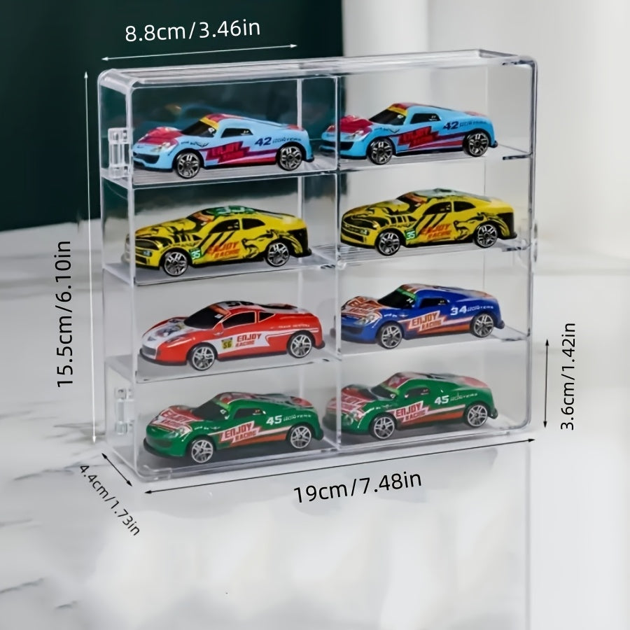 8-compartment toy car storage box with transparent organizer for alloy cars.