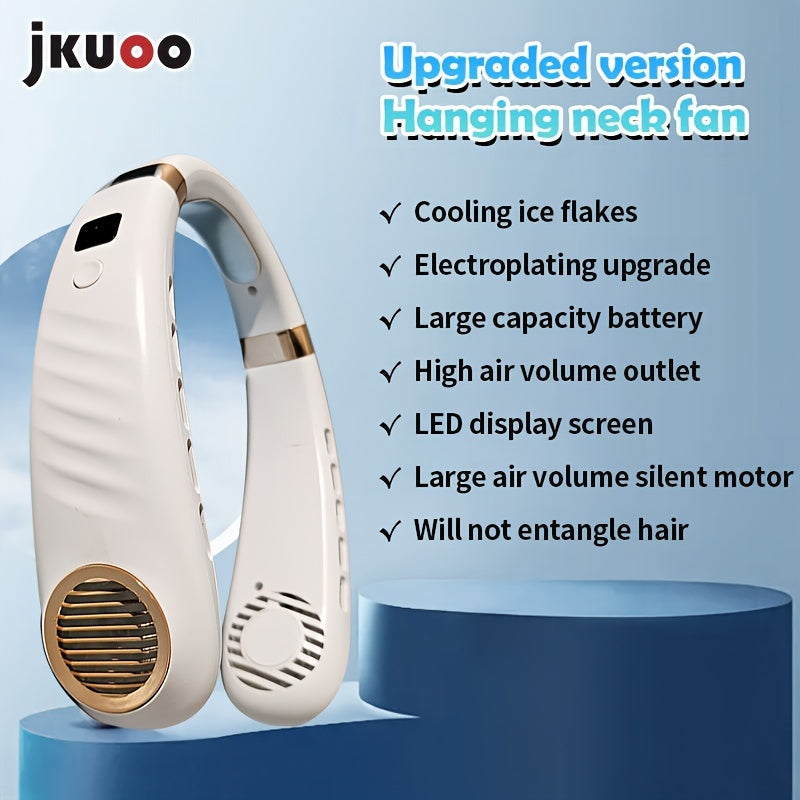 Introducing the JKUOO Portable Neck Fan with Ice Cooling Technology! This fan features a quiet turbo motor and bladeless design, making it perfect for indoor and outdoor use. The USB rechargeable fan comes with a built-in lithium battery and convenient