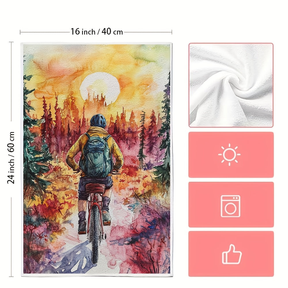 Set of 2 Ultra Soft Kitchen Towels featuring a Vibrant Bicycle Adventure Design, with High Absorbency and Machine Washable properties. Each towel measures 40.64x60.96 cm - Perfect for Holiday Decor. The Sunset Landscape Print adds a charming touch to