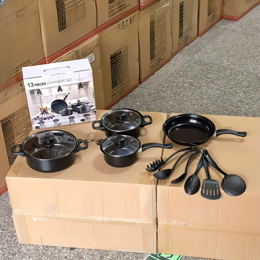 13-piece Non-stick Pan Set includes Saucepan, Frying Pan, and Multi-purpose Kitchen Pans in a Neutral Colored Box. Perfect for Frying, Boiling, and Stewing.