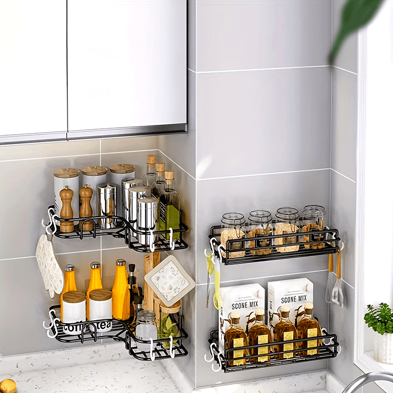 1 shower corner, kitchen shelf, bathroom shelf, triangular storage rack, and wall-mounted storage rack in the bathroom that is punch-free.