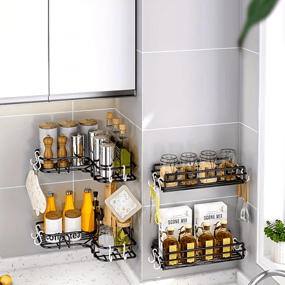 1 shower corner, kitchen shelf, bathroom shelf, triangular storage rack, and wall-mounted storage rack in the bathroom that is punch-free.