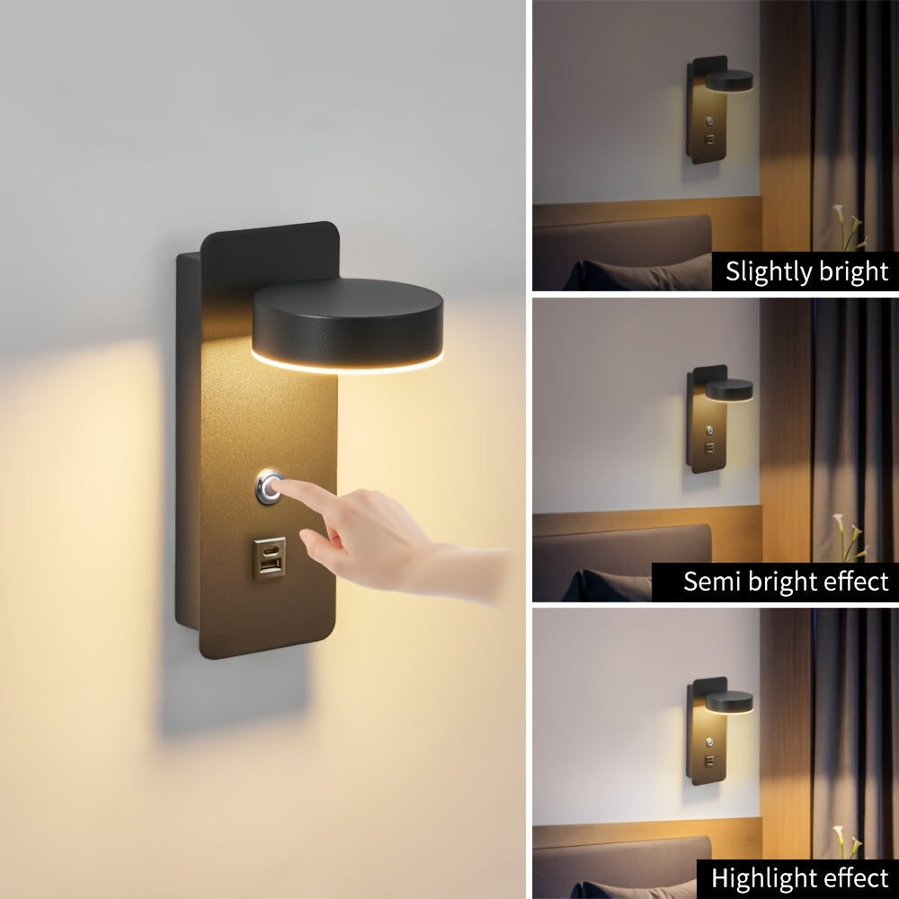 Wall-mounted reading lamp with dimming switch, 350° rotatable, USB port, touchable dimming 9W.